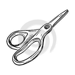 Sketch of stationery scissors for paper. A tool for creativity, sewing, applications, school crafts. Hand drawn in