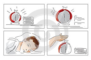 Sketch storyboard of a man waking up. Morning alarm ringing.