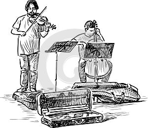 Sketch of street musicians playing the violin and cello