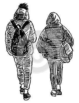 Sketch of students couple walking together down street