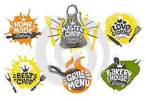 Sketch style cooking lettering icons set.