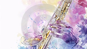 The sketch-style depiction of a saxophonist holding a saxophone appears against a watercolor pastel background