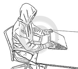 Sketch style doodle of hacker opening laptop on his desk