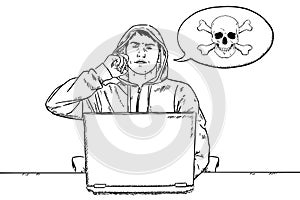 Sketch style doodle of hacker talking on mobile phone in front of his laptop