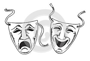 Sketch style drama or theater masks illustration in vector format suitable for web, print, or advertising use.Two