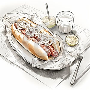 Sketch-style Hot Dog With Lime On Plate - Detailed Yankeecore Blending