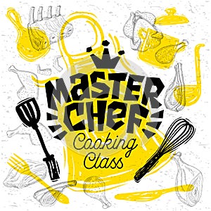 Sketch style master chef cooking class lettering. Sign, logo, emblem. Hand drawn vector illustration.