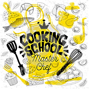 Sketch style master chef cooking school lettering. Sign, logo, emblem.