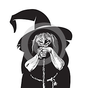 Sketch style portrait of wicked old witch leaning on broom handle. Vector illustration isolated on white background