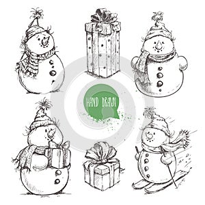 Sketch style snowman and Christmas gift boxes set.