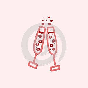 sketch style vector illustration isolated on pink background. Hand drawn glasses with bubbly champagne, cheers