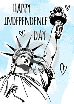 Sketch style vector illustration with Statue of Liberty for 4th of July. Happy Independence Day celebration