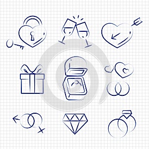 Sketch style wedding line icons on notebook page