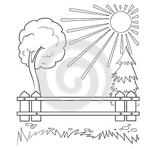 Sketch, summer landscape with a fence with sun and tree, coloring book, isolated object on white background, cartoon illustration