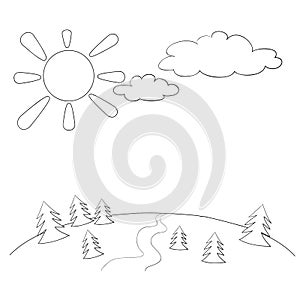 Sketch, summer landscape with sun, field and trees, coloring book, isolated object on white background, cartoon illustration,