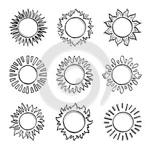 Sketch sun, Hand drawn sunshine symbols. Cute vector doodle suns