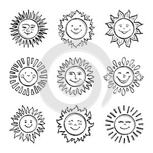 Sketch sun kids drawing, Hand drawn sunshine icons, Doodle suns