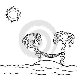 Sketch of the sunny beach with a hammock between palm trees. Drawn by hand. Vector illustration.