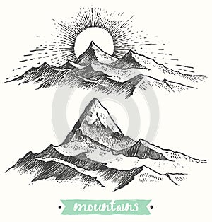 Sketch sunrise mountains engraving drawn vector