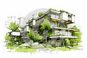 Sketch of a sustainable development project. Green project, underlining the importance of environmental considerations in planning