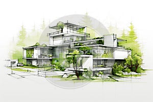 Sketch of a sustainable development project. Green project, underlining the importance of environmental considerations in planning