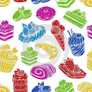 Sketch of sweets and bakery in seamless pattern