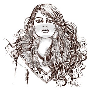 Sketch of tattoo art, portret of lovely American Indian girl.