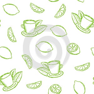 sketch tea, tea leaves and a lemon, lemon slice. white background. Graphic style. Hand drawing. Vector illustration. Seamless