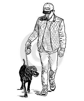 Sketch of teen boy with his dog walking on a stroll