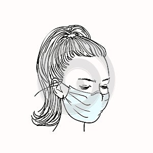 Sketch of teen girl portrait in medical face mask, with long hair and downcast eyes, Coronavirus