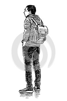 Sketch of teen student with backpack standing in wait outdoors