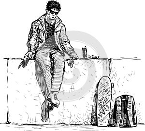 Sketch of teen student sitting on embankment for relaxation