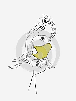 Sketch of teenage girl in fashion medical face mask, Coronavirus prevention. Side view portrait with long hair.