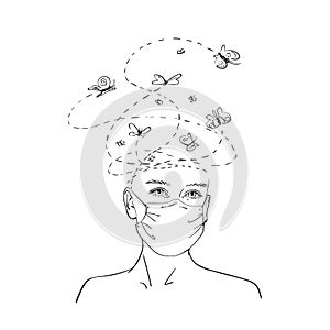 Sketch of teenage girl in medical face mask, Magic dreaming