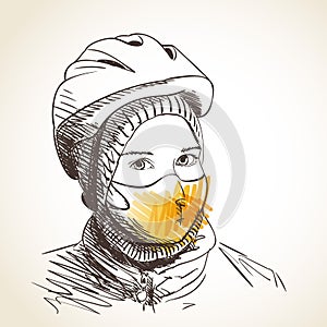 Sketch of teenage girl portrait in face mask for Coronavirus protection. In bicycle helmet wearing on hat