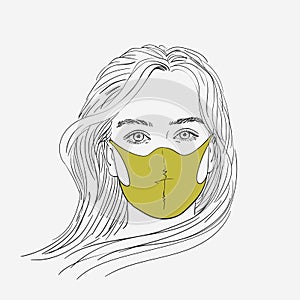 Sketch of teenage girl portrait in fashion medical face mask, Coronavirus prevention. Looking at camera