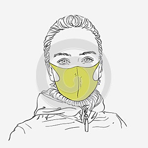 Sketch of teenage girl portrait in fashion medical face mask, Coronavirus prevention. Looking at camera, Hair combed back