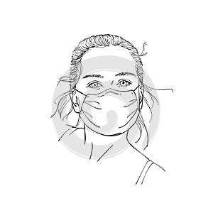 Sketch of teenage girl portrait in medical face mask