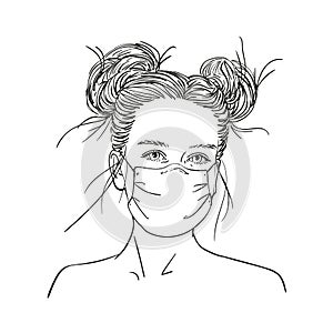 Sketch of teenage girl portrait in medical face mask