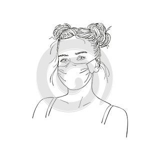 Sketch of teenage girl portrait in medical face mask