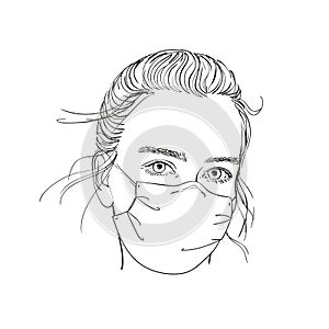 Sketch of teenage girl portrait in medical face mask