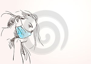 Sketch of teenage girl portrait in medical face mask, Coronavirus quarantine. Long hair, thoughtfully looking to side, resting chi
