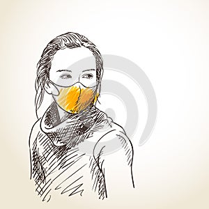 Sketch of teenage girl portrait in orange face mask for Coronavirus protection