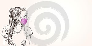 Sketch of teenage girl portrait in purple protective face mask, Coronavirus quarantine new normal. Long hair, thoughtfully looking