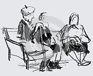 Sketch of three old woman sitting on park bench and talking