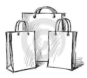 Sketch of three shopping bags, paper package, new purchases, vector hand drawing isolated on white