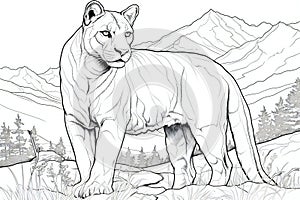 Sketch of a tiger in the mountains on a white background