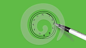 Sketch time 3 o`clock in pink clock, brown frame and yellow needle with black outline on abstract green background