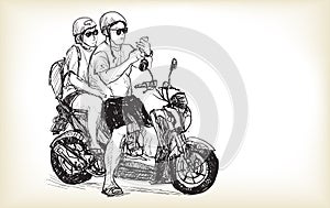 sketch of touring motorbike in city, look a map on mobile phone, couple on motorcycle, young riders riding themselves on trip, Ad
