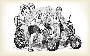 sketch of touring motorbike in city, look a map on mobile phone, couple on motorcycle, young riders riding themselves on trip, Ad